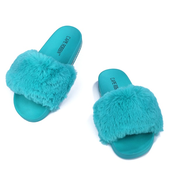 NEW๐ฅ Teal Faux Fur Rhinestone Slide Sandal Flip Flops Open Toe *FREE PAIR SHOE* - Picture 5 of 7